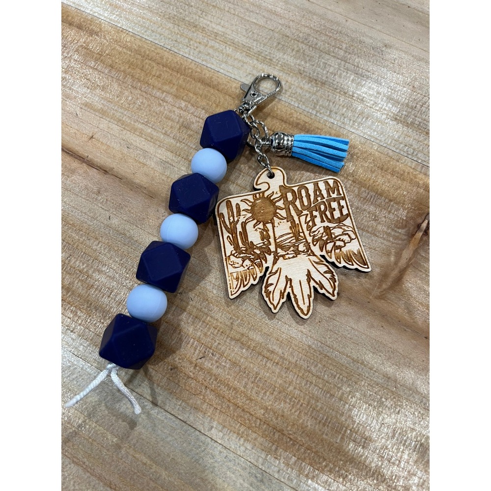 Roam Free Blues Arrows Silicone Bead Lobster Clasp Keychain Purse Charm‎ Wood